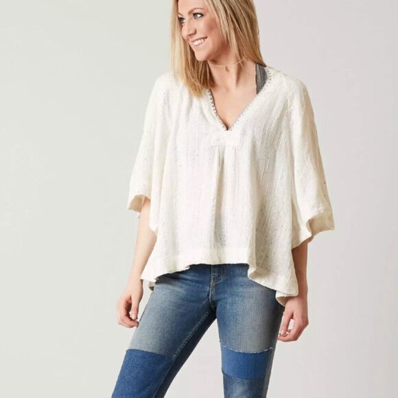 Free People Womens Get Over It Top Shimmer Silver V Neck Relaxed Boho Medium - Picture 1 of 10